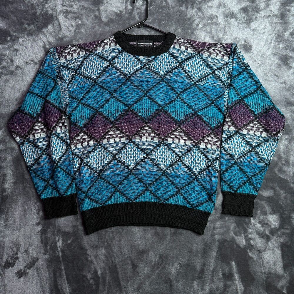 Vintage Expression International Multicolor Diamond Knit Long Sleeve Sweater L